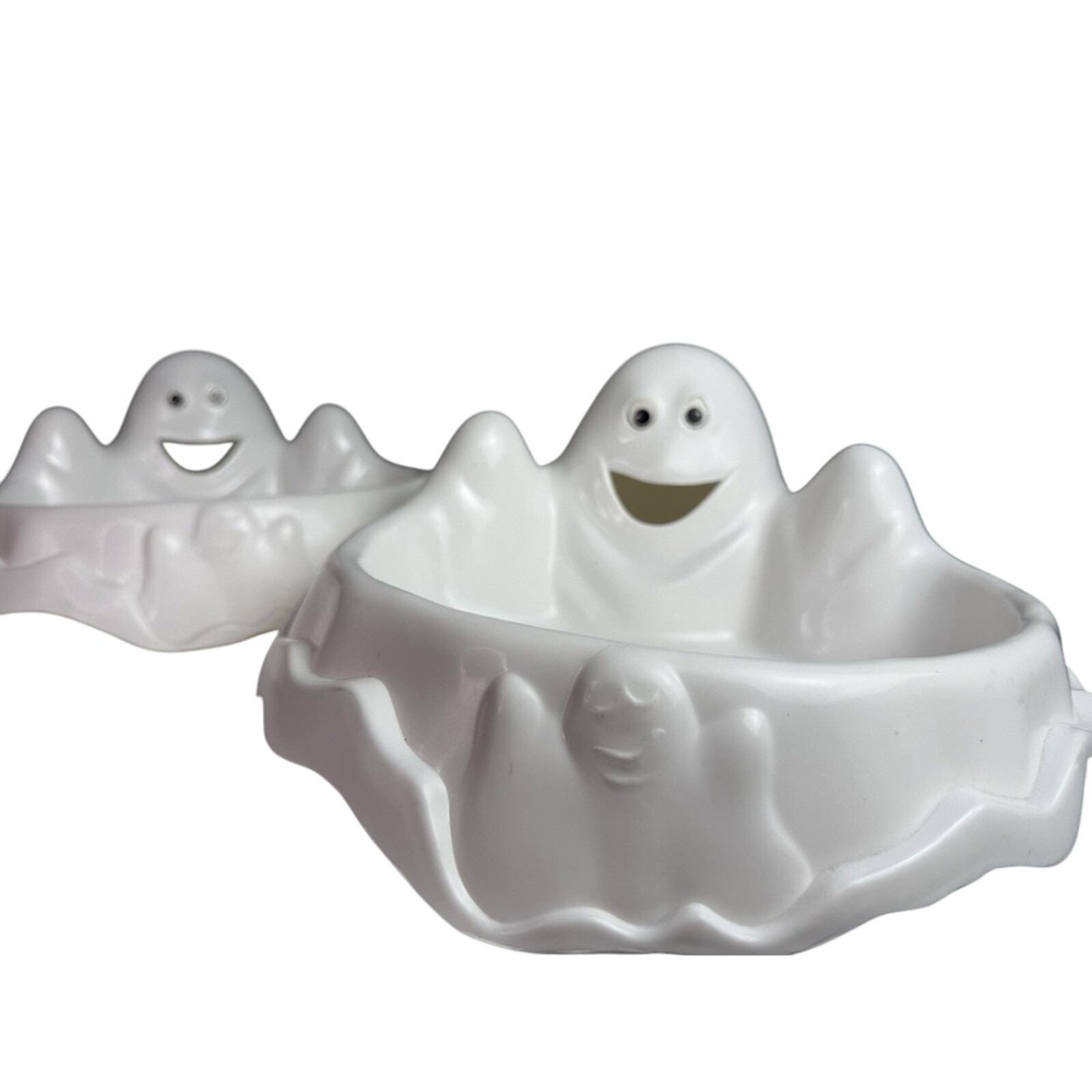 TWO- Vintage 90s Y2K Halloween Plastic White Ghost Candy Dish Tray Bowl Spooky‎